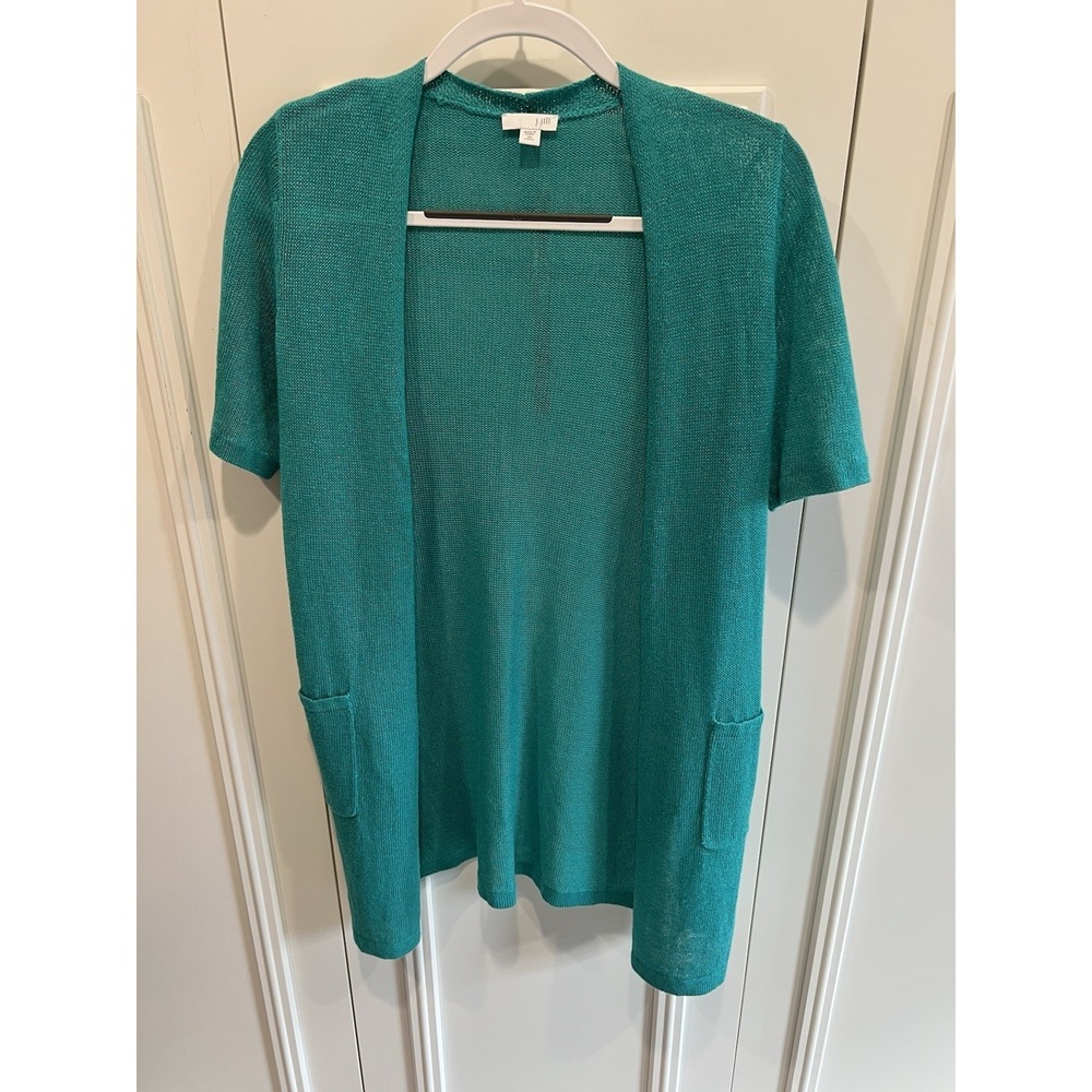 J Jill Linen Blend Longline Cardigan Sweater Petite XS Green Lagenlook Classic